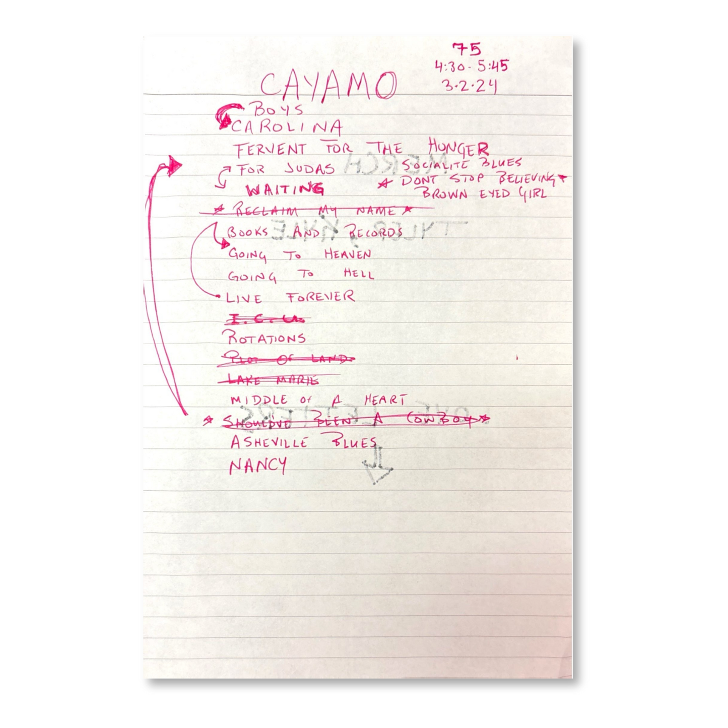 Handwritten Setlist: Cayamo 2024